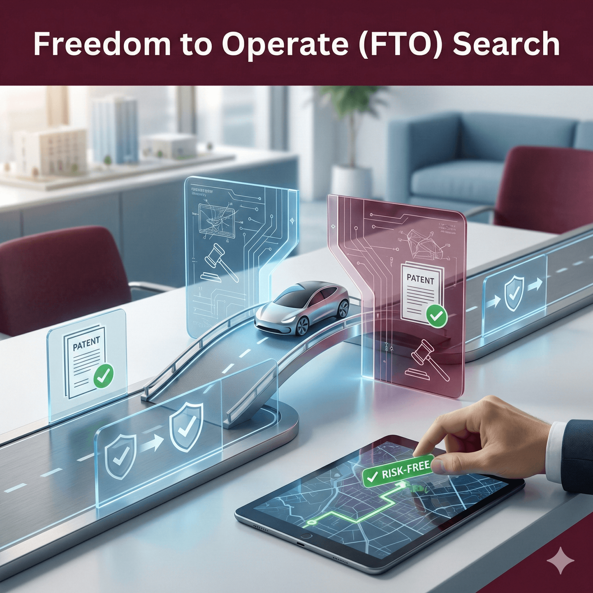 Freedom to operate search image showing infringement risk evaluation before product launch.