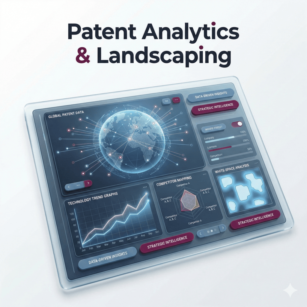 Patent analytics and landscaping image showing competitive intelligence and technology trend analysis.