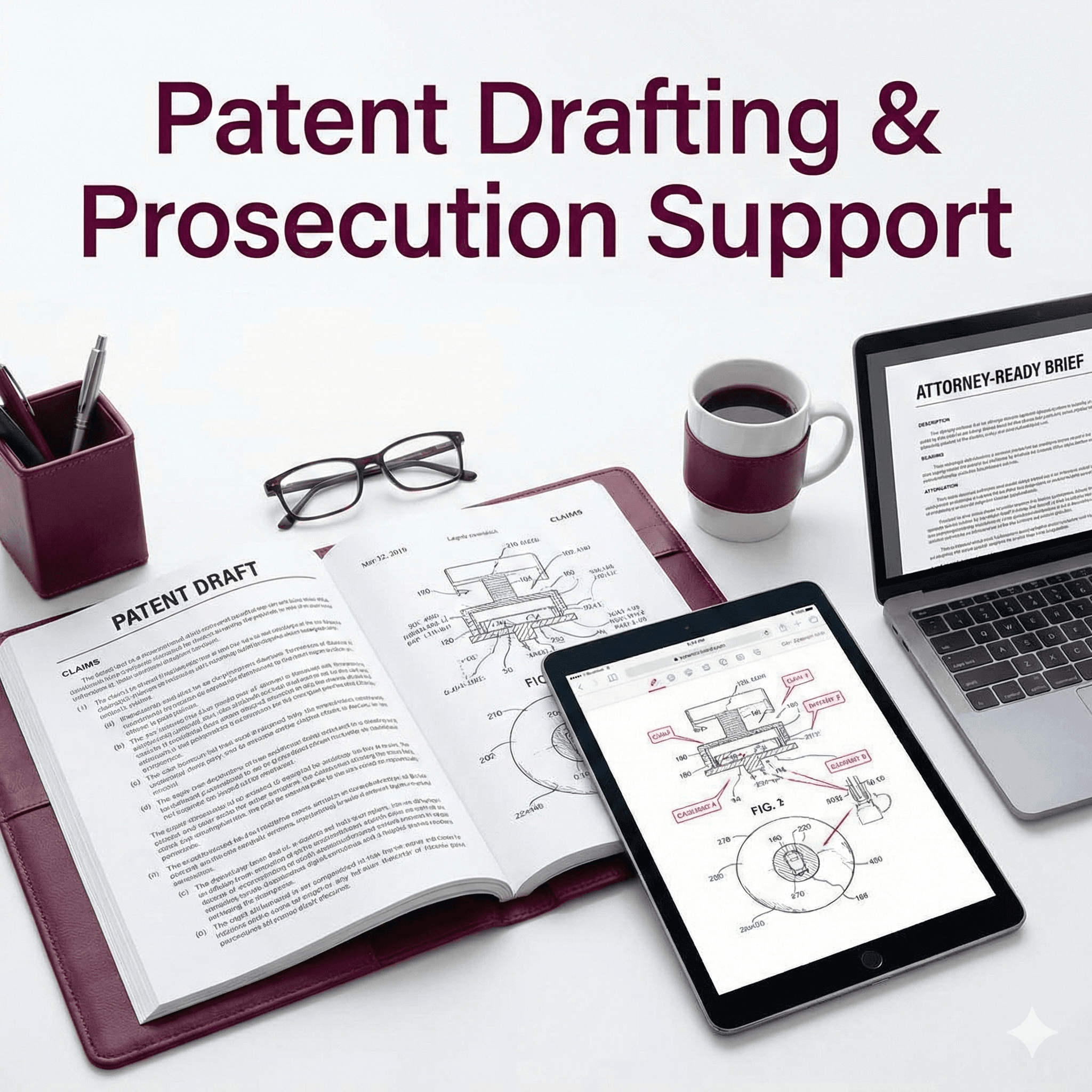 Patent drafting and prosecution support image showing attorney-ready patent documentation and office action handling.
