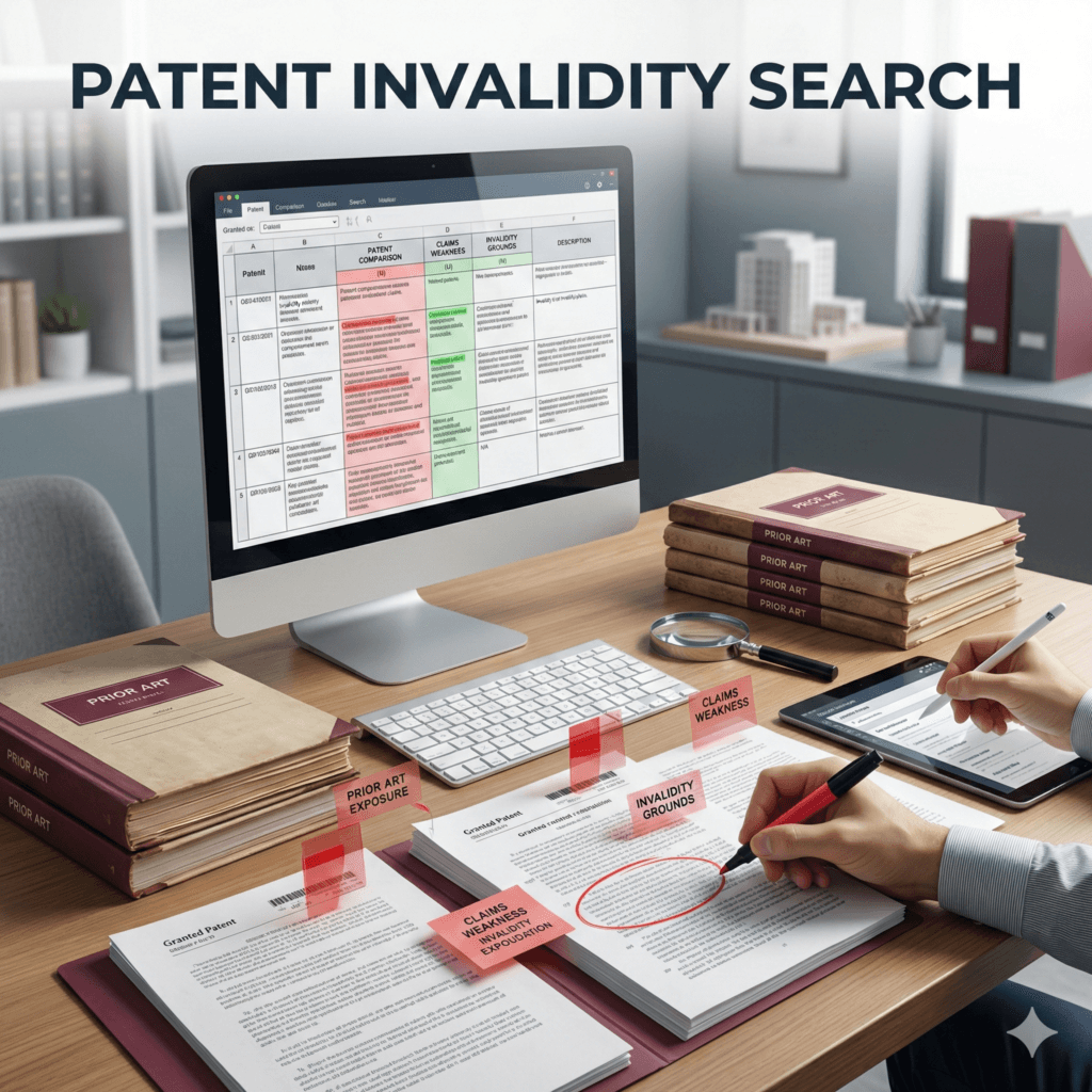 Patent invalidity search image illustrating prior art research used to challenge granted patents.