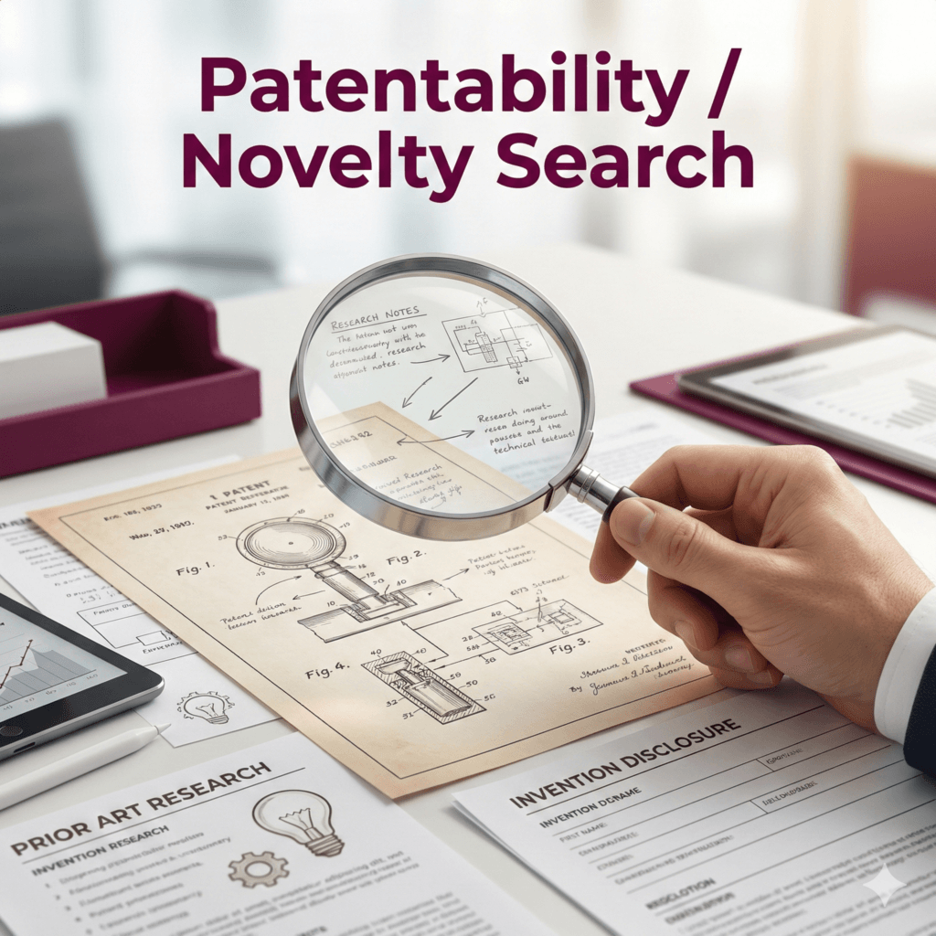 Patentability and novelty search service image showing prior art analysis to assess invention patent eligibility.