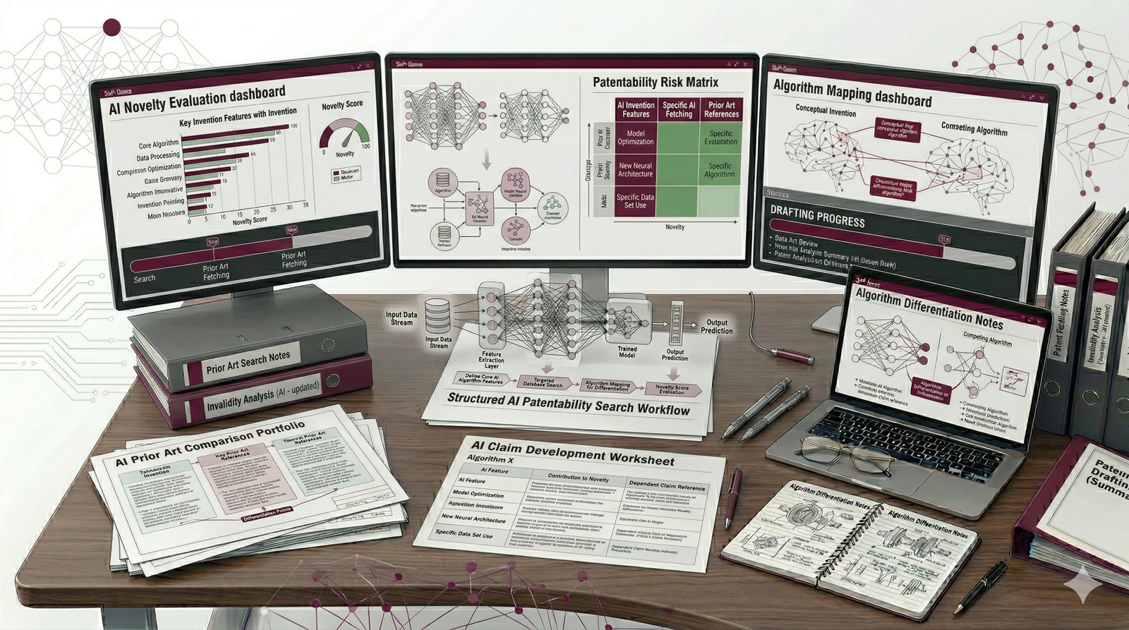 Patentability search workflow image showing AI algorithm analysis and novelty evaluation process.