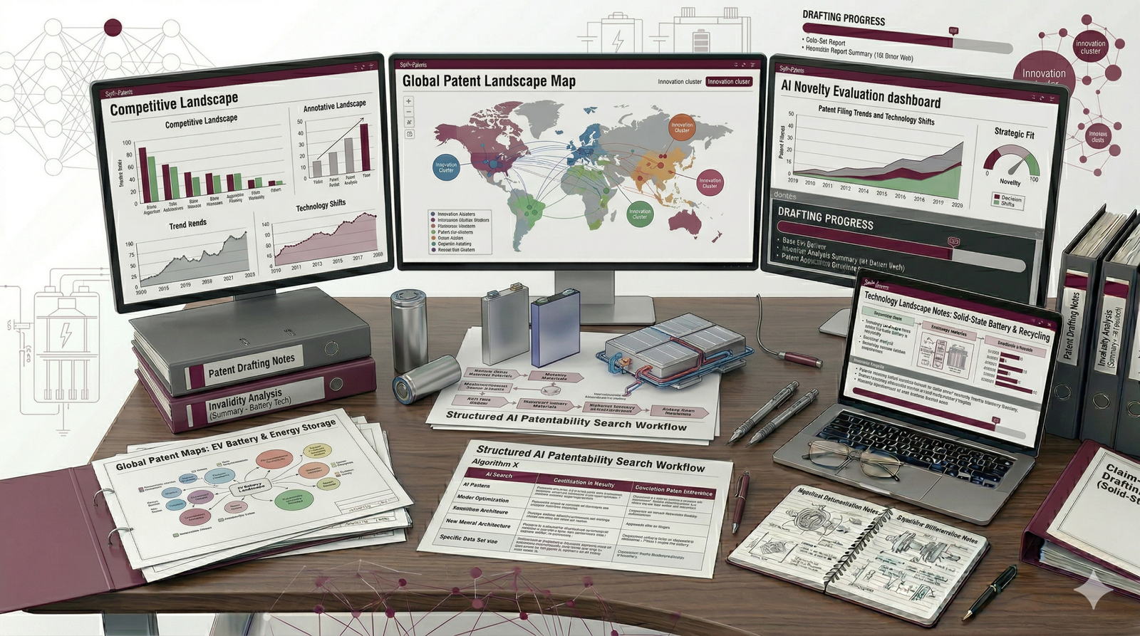 Patent analytics for EV battery innovation showing technology landscape analysis and competitive intelligence insights.