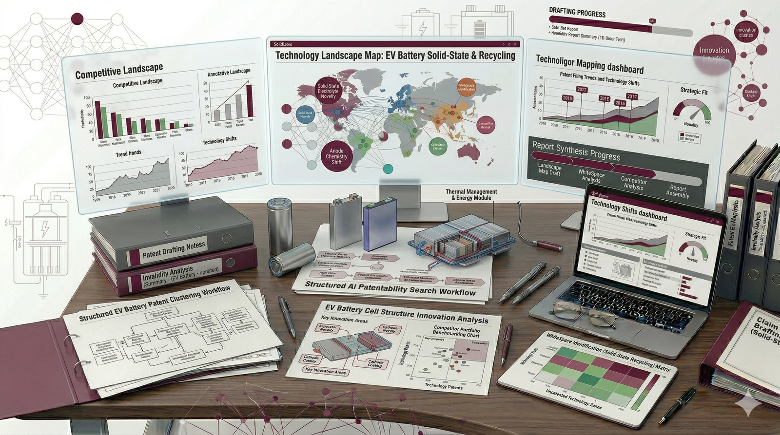 EV battery patent landscape workflow showing technology trends, competitor mapping, and innovation analysis.