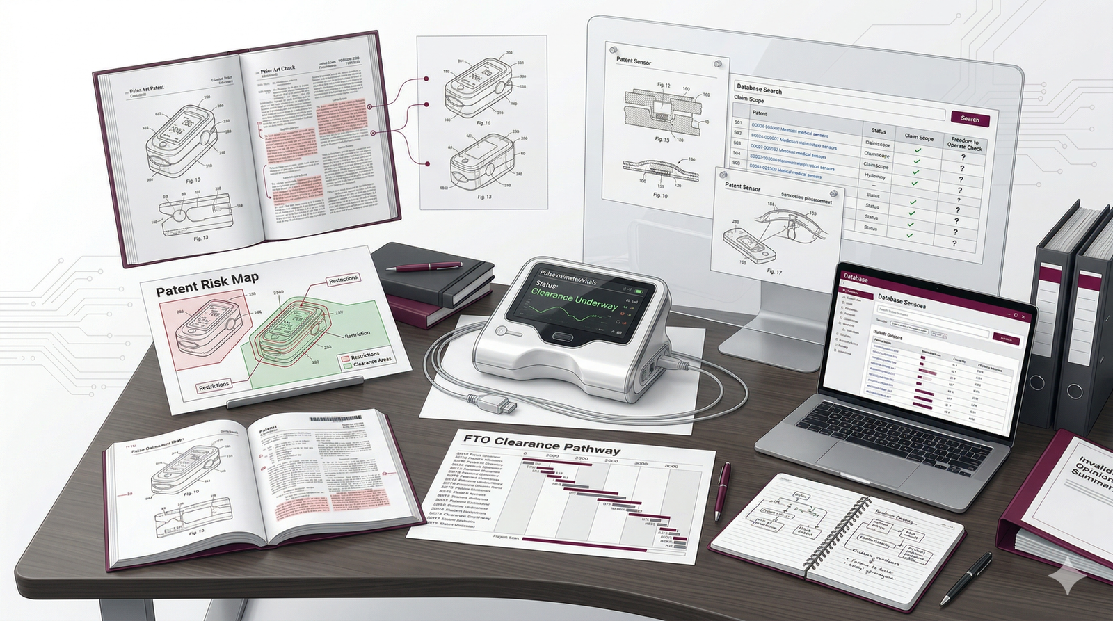 Freedom to operate search for medical device showing patent clearance analysis and infringement risk evaluation.
