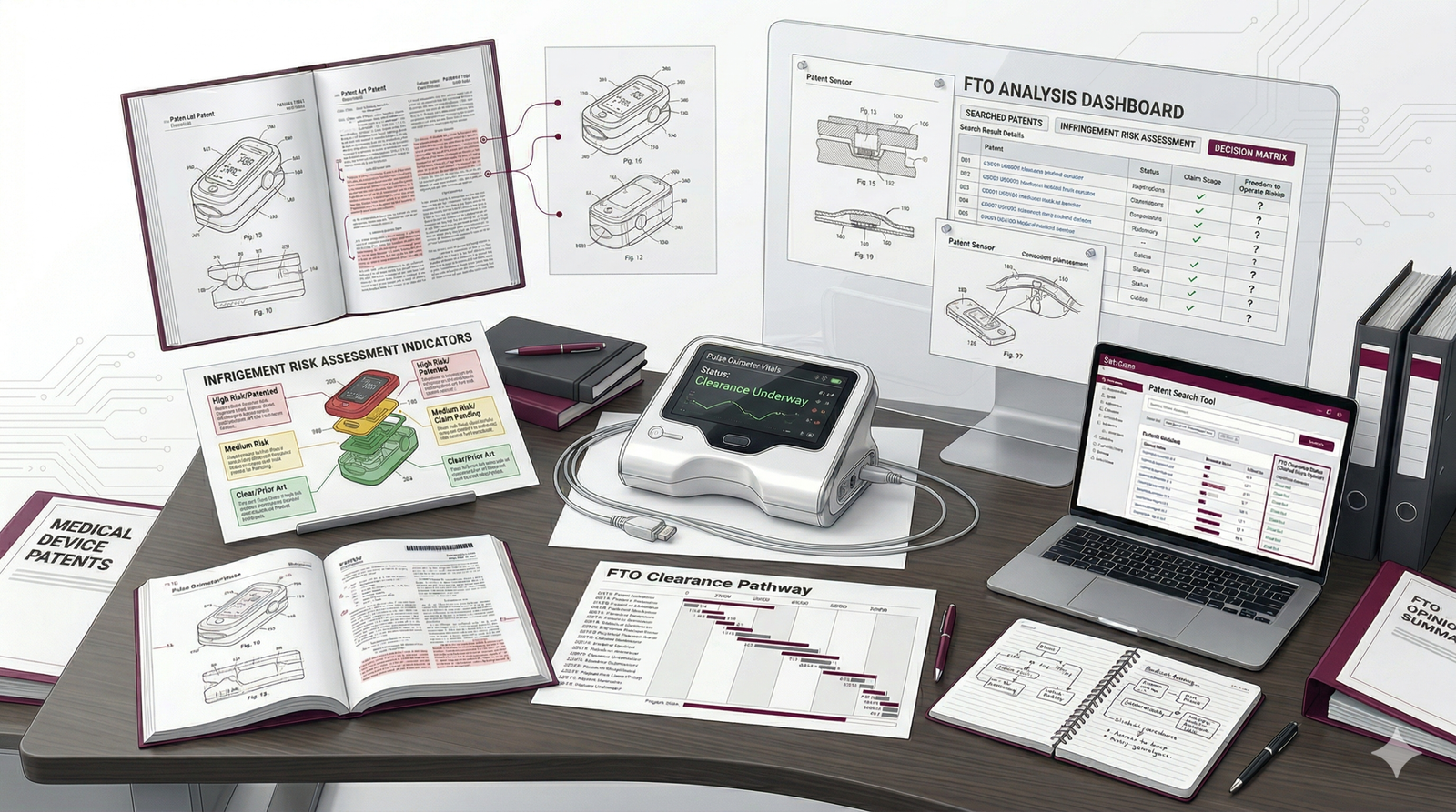 Freedom to operate search workflow showing patent mapping and infringement risk analysis for medical devices.