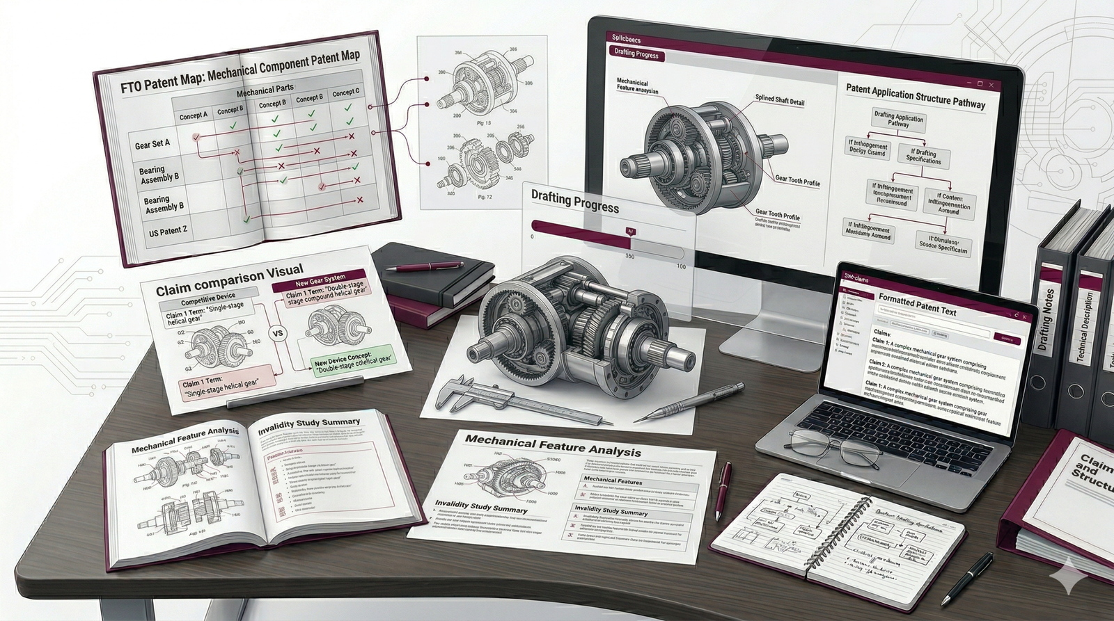 Patent drafting support for mechanical innovation showing technical drawings and structured patent documentation.