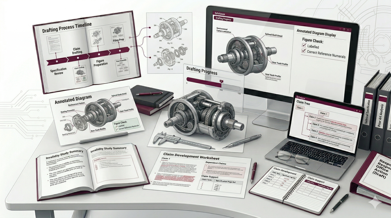 Patent drafting workflow image showing claim structuring and mechanical patent illustration development.