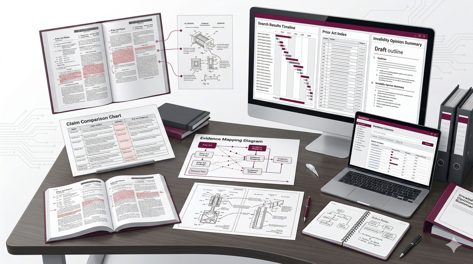 Patent invalidity search workflow showing prior art evidence analysis and claim comparison for litigation support