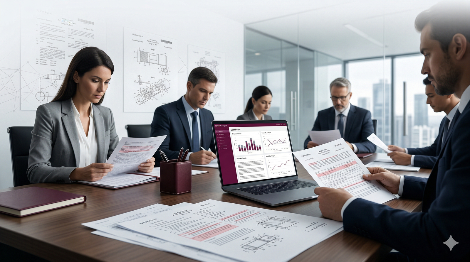 Patent invalidity search for litigation support showing prior art analysis and claim chart review in a legal environment