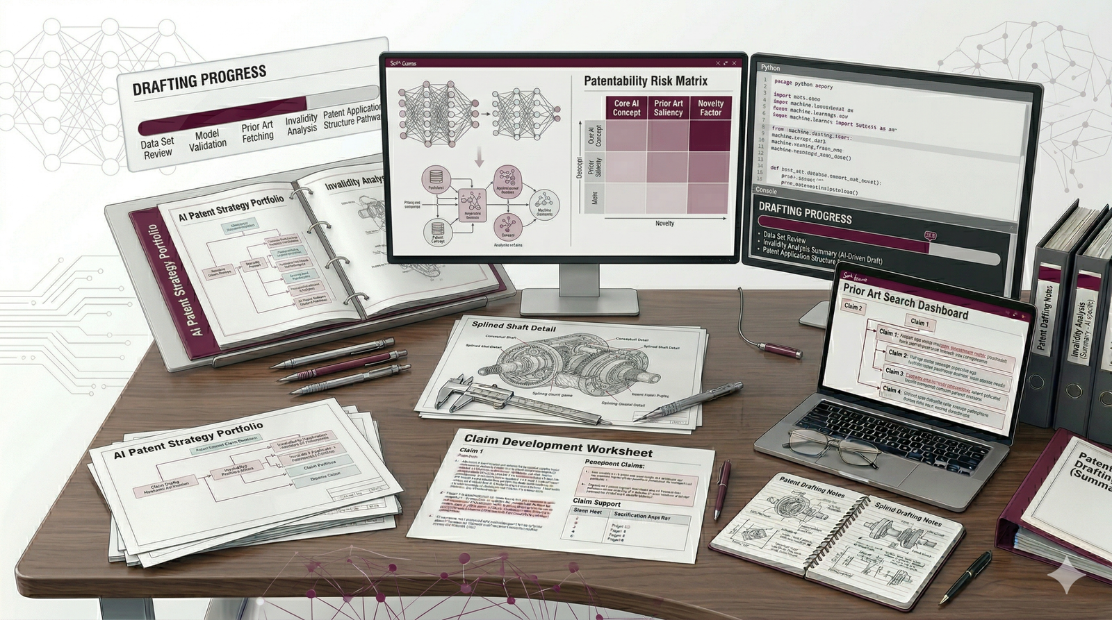 Patentability search for AI software innovation showing prior art analysis and machine learning technology research.